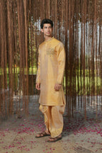 Gold Mirage Kanjivaram Machien Embroidered Pattu Set by Hilo Design | Grocsy