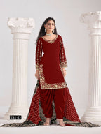 Anaita Red Roman Silk Stitched Suit with Embroidery & Real Mirror Work | Grocsy