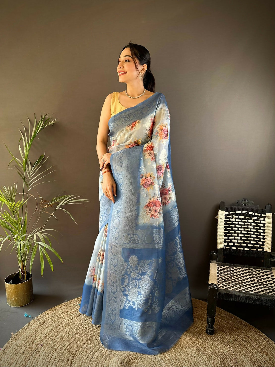 Joban Fashion Sky Blue Floral Motifs Banarasi Silk Sarees | Grocsy
