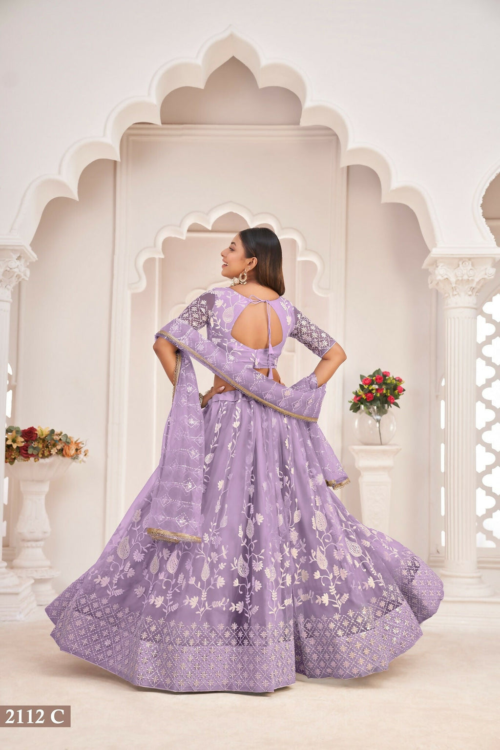 Eilara Women'S Light Purple Butterfly Net White Cotton Thread And Zari Sequence Embroidered Work Lehenga Choli For Party Wear | Grocsy