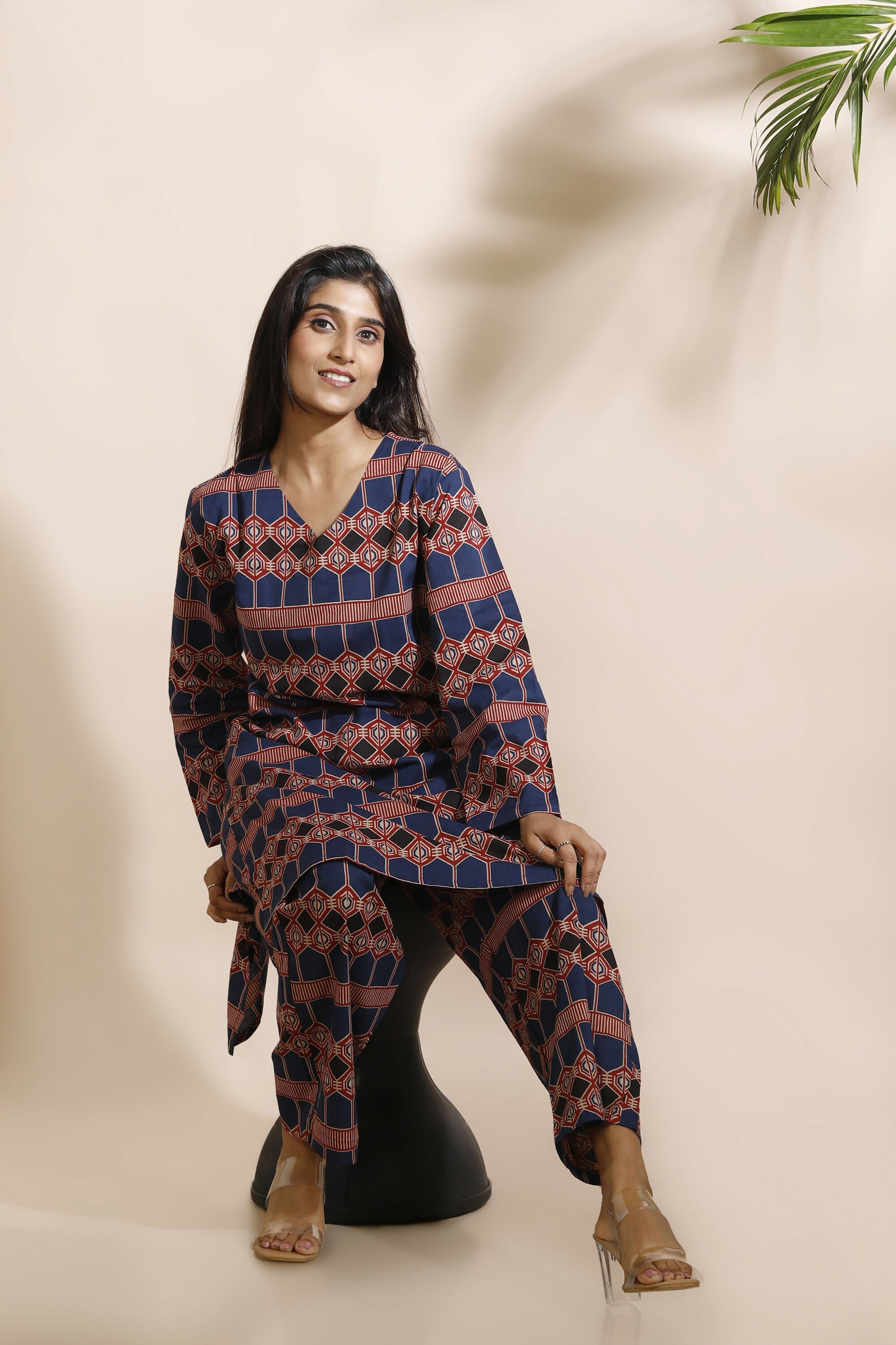 Breathables Women'S Blue Cotton Abstract Print Loungewear Co-Ord Set – Long Kurta & Pants | Grocsy