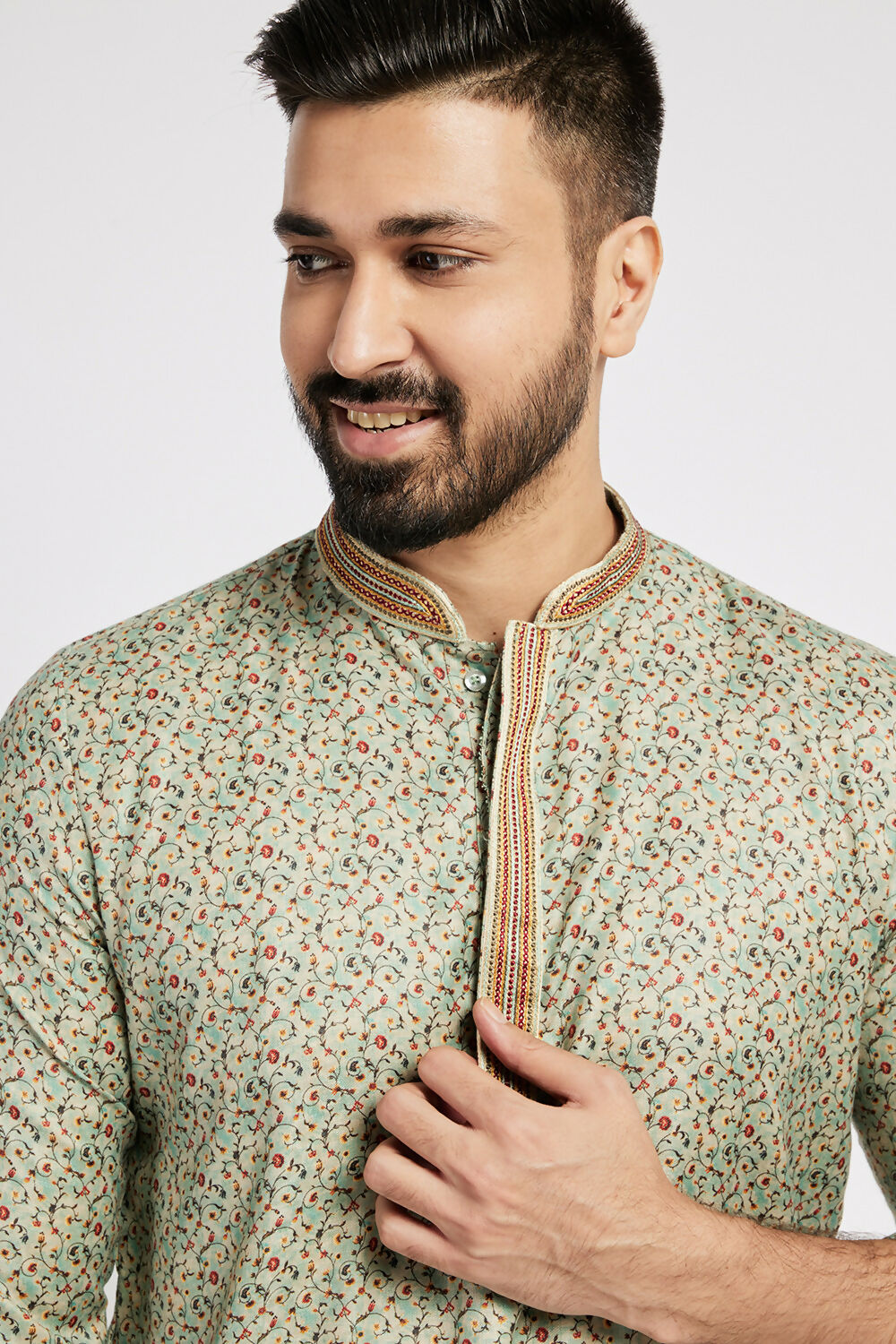Ethnic India Blue Men's Kurta Floral Polyester | Grocsy