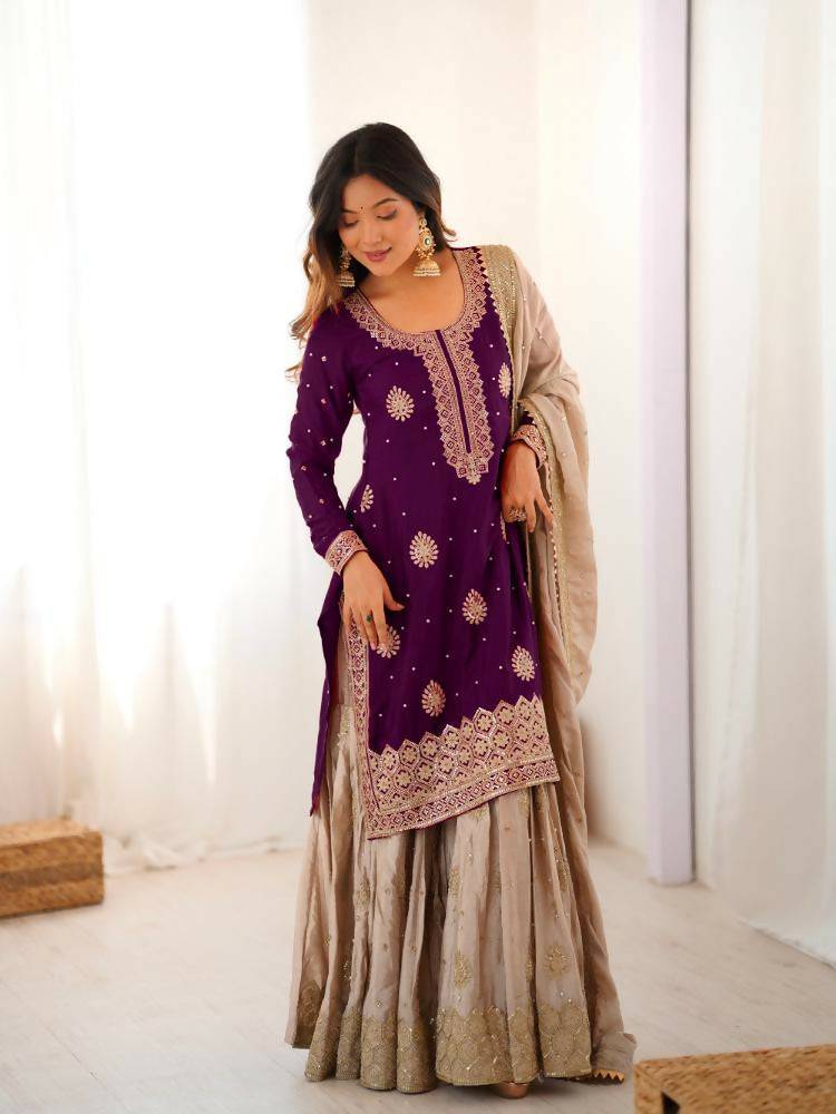 Lehenga Mart Designer Sharara Suit With Kurta, Sharara, Dupatta For Women-Wine | Grocsy
