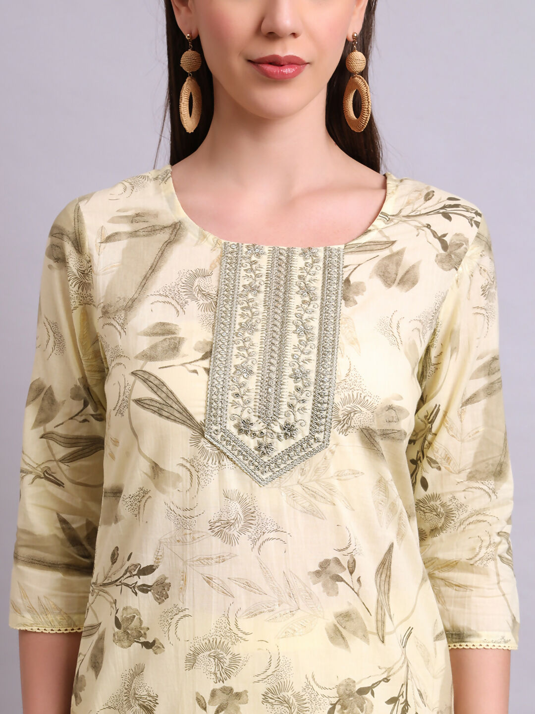 Joban Fashion Beige Cotton Floral Printed & Embroidery Work Kurta With Trousers & Dupatta Set | Grocsy