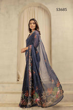 Navy Blue Georgette Designer Printed Party Wear Saree - Cinderella | Grocsy