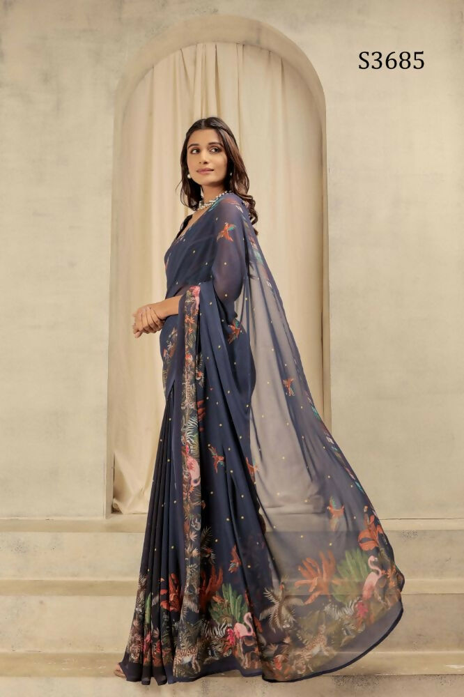 Navy Blue Georgette Designer Printed Party Wear Saree - Cinderella | Grocsy
