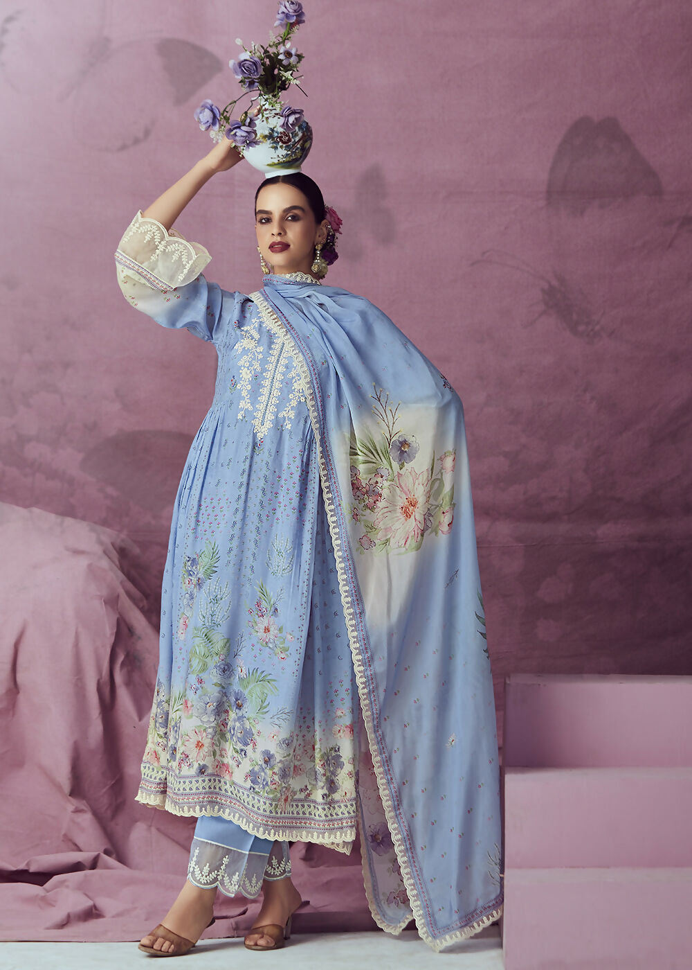 Pretty Blue Muslin Cotton Printed Trendy Salwar Kurta Set - Emponline | Grocsy