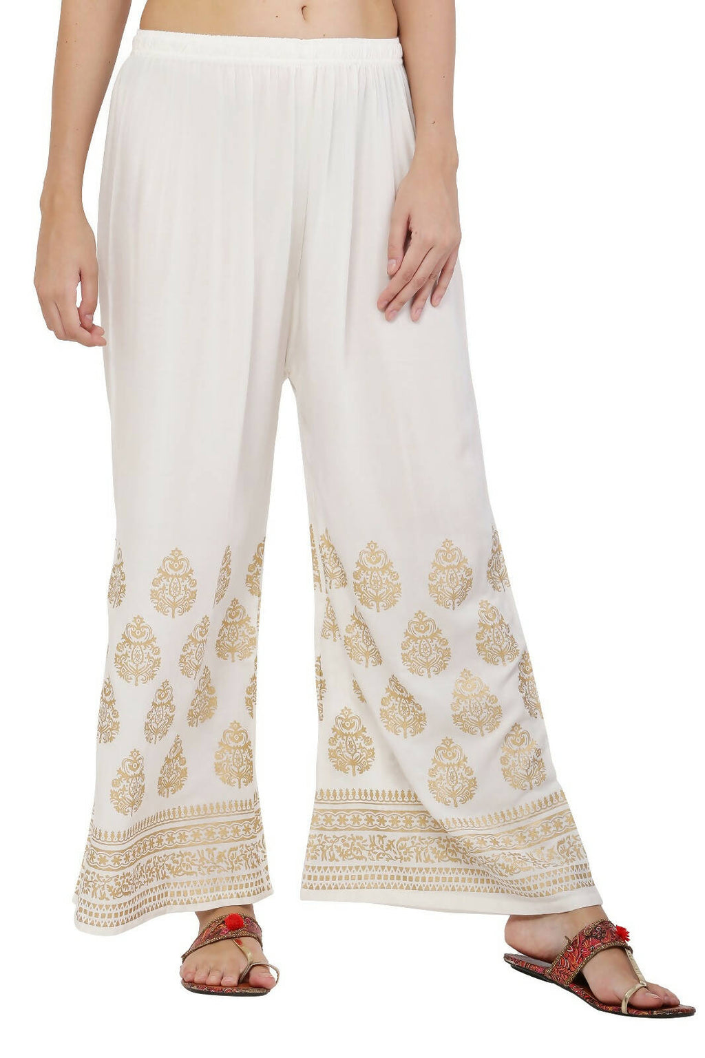 PAVONINE White Color Golden Printed Rayon Fabric Sharara For Women | Grocsy