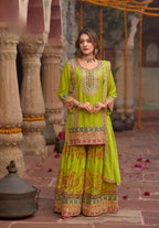 Anaita Parrot-Green Chinon Readymade Palazzo Suit with Codding Dori & Sequence Work | Grocsy