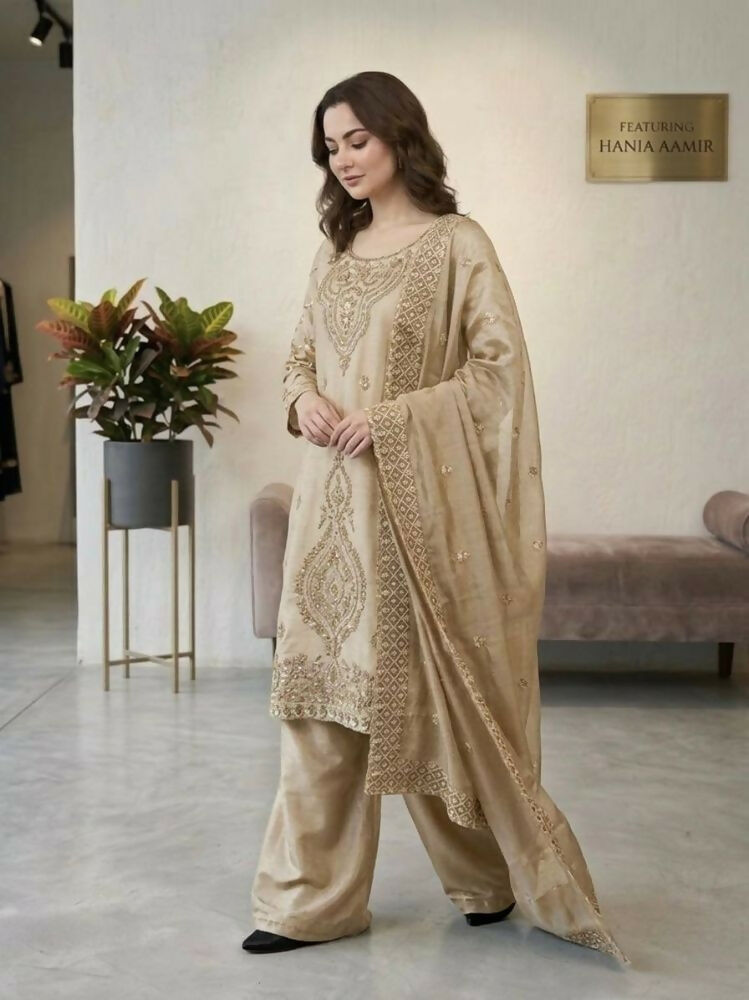 Teeya Creation Cream Color Gimmychu Silk Embroidery Work Wedding Wear Salwar Suit | Grocsy