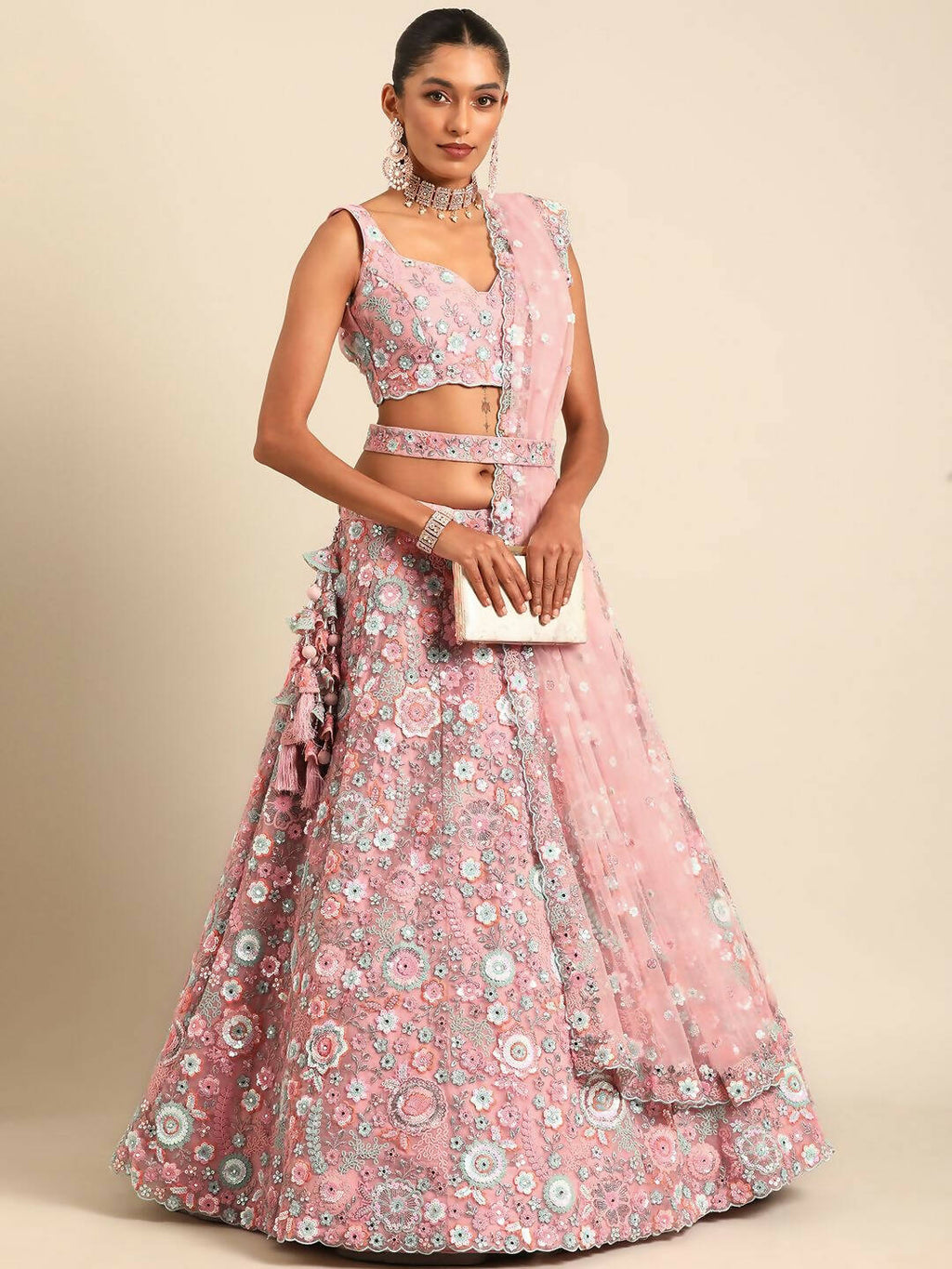 House of Panchhi Pink Net Sequins, Mirror and thread embroidery Lehenga choli & Dupatta | Grocsy