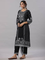 Juniper Women Black Rayon Staple Kalamkari Printed Kurta, Pants and Dupatta Set | Grocsy
