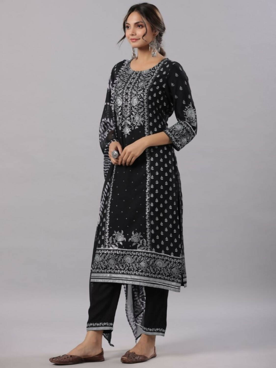 Juniper Women Black Rayon Staple Kalamkari Printed Kurta, Pants and Dupatta Set | Grocsy