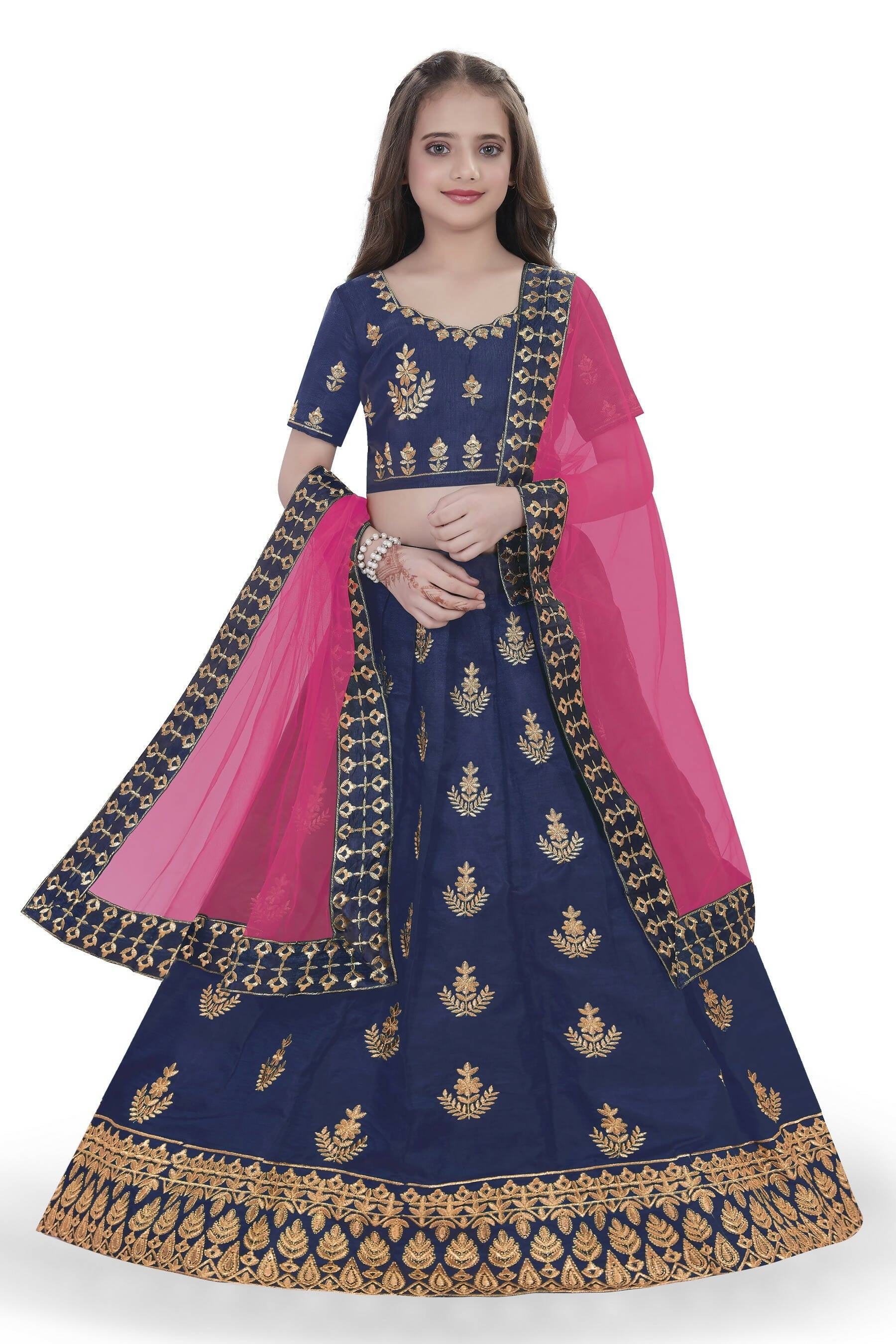 Dwiden Navy Blue Kamal Tafetta Sattin Semi-Stitched Girl's Lehenga Cholin Kamal Tafetta Sattin Semi-Stitched Girl's Lehenga Choli | Grocsy