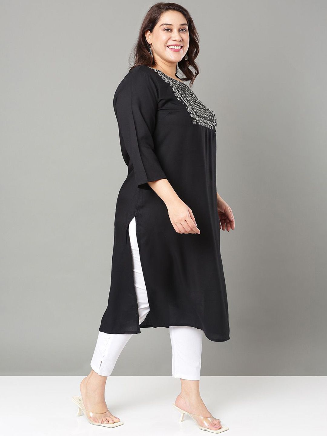 Sztori Plus Size Floral Yoke Design Mirror Work Straight Kurta | Grocsy