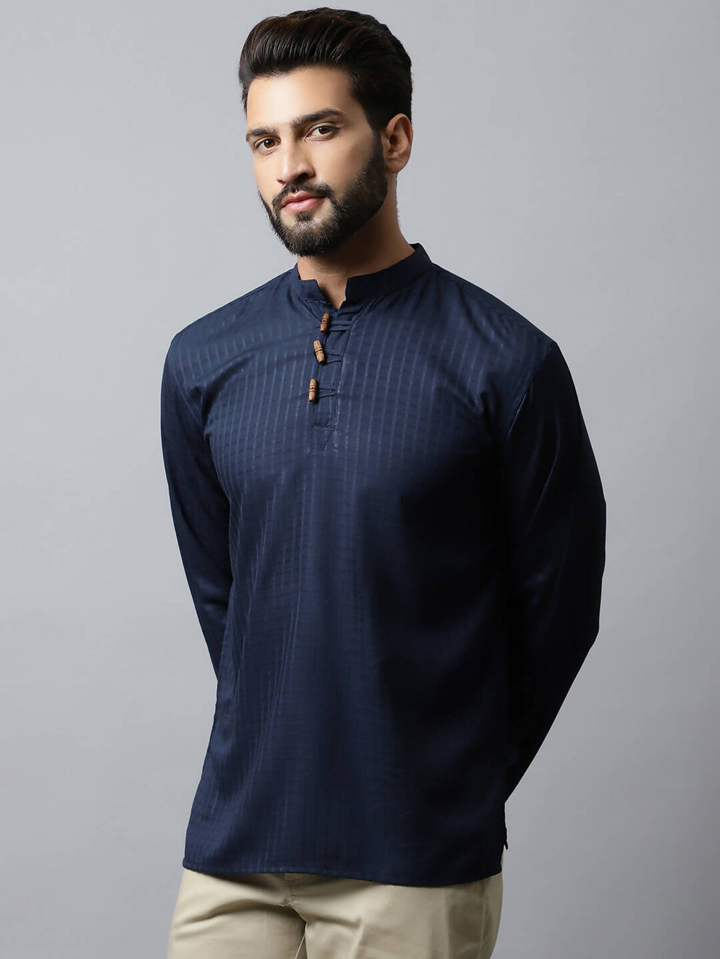 Even Apparels Navy blue Color Pure Cotton Men's Kurta With Side Placket (CHK082) | Grocsy