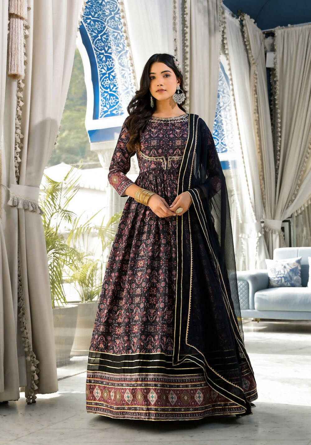 Partywear Designer Black Dola Silk Anarkali Suit With Dupatta - Ananta | Grocsy