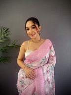 Elora Baby Pink Silk Floral Motifs Coppery Tone Contrast Floral Border Banarasi Saree | Grocsy