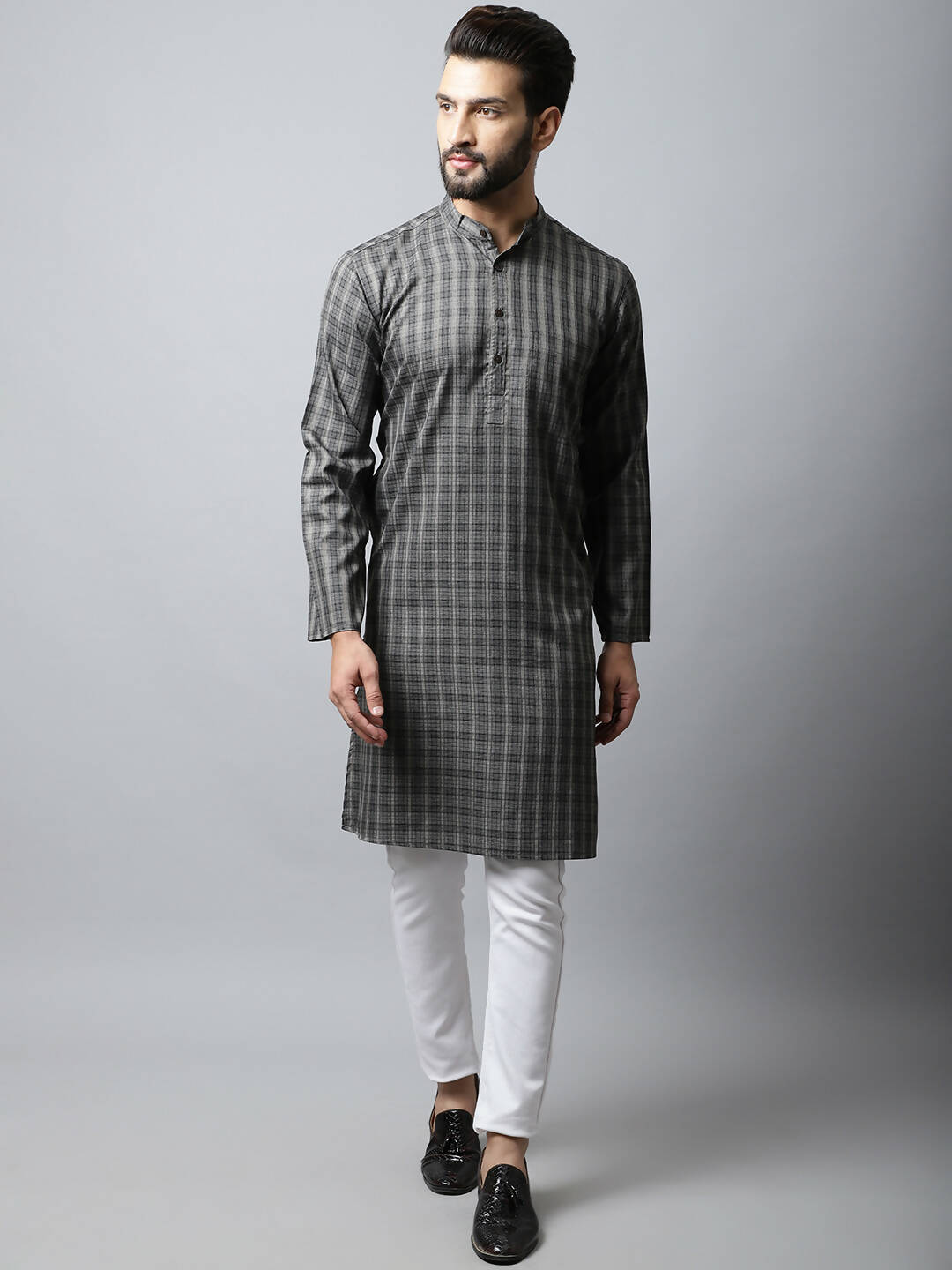 Even Apparels Brown Color Cotton Checked Men's Kurta With Band Collar (CHK1157) | Grocsy