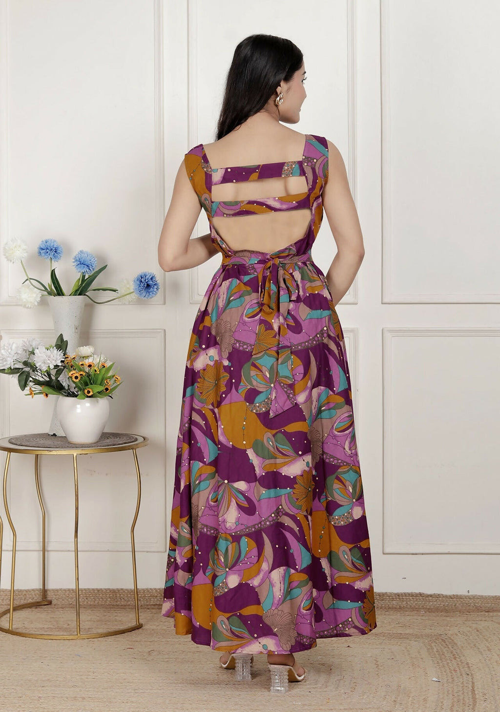 Miravan Womens Purple Pure Cotton Floral Printed Sleeveless Cut Out Western Dress | Grocsy