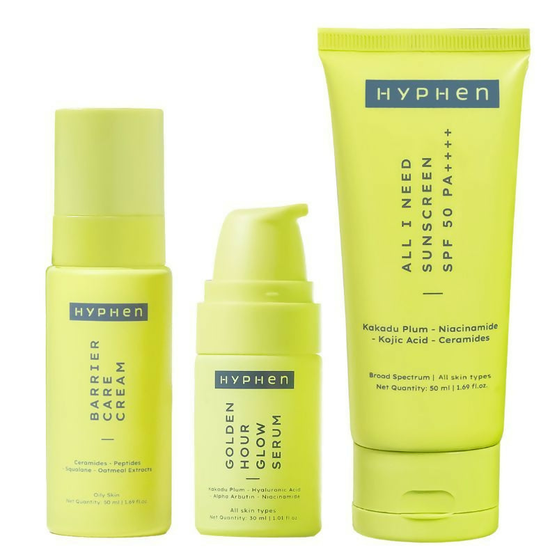 Hyphen By Kriti Sanon Daily Face Care Regime Combo - Oily & Combination Skin, with Glow Serum, Moisturizer & Sunscreen | Grocsy