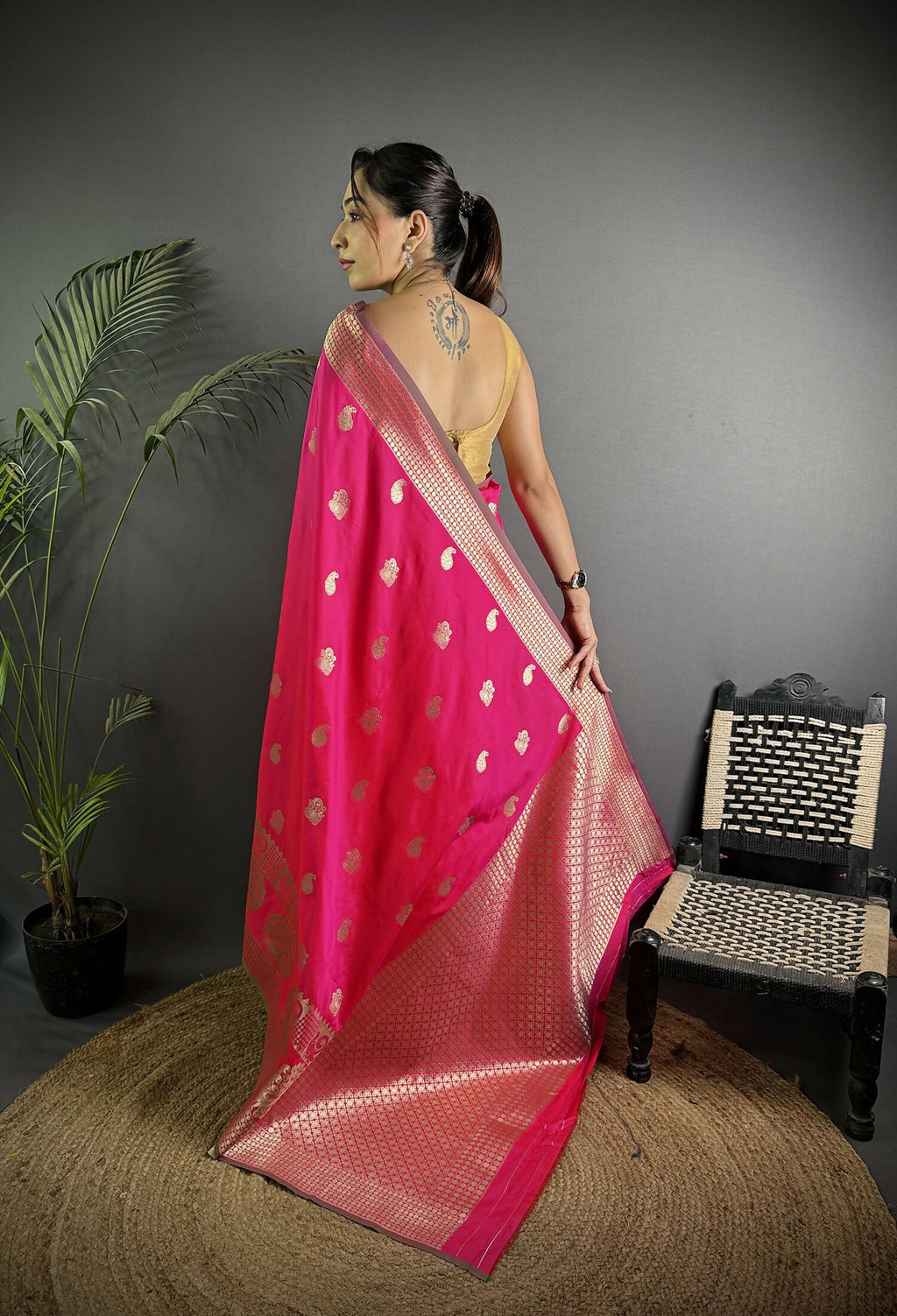Joban Fashion Hot Pink Banarasi Soft Lichi Silk Paisley Saree | Grocsy