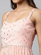 Ahalyaa Women Pink Net Gold Foil Print Dress | Grocsy