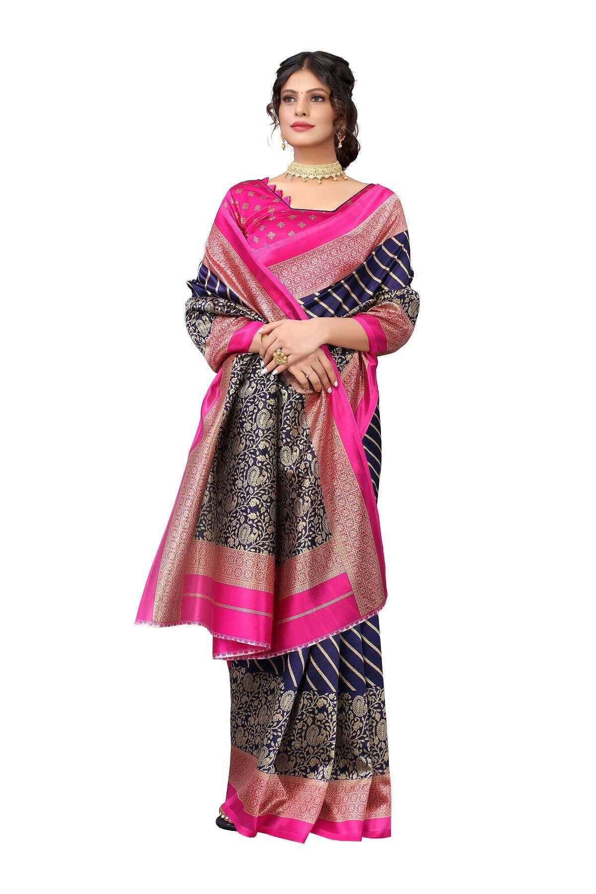 Vamika Navy Blue Printed Art Silk Saree | Grocsy