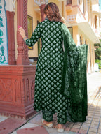 Vamika Poly Rayon Printed Bottle Green Party Wear/Casual Wear/Office Wear Kurta Set/Suit | Grocsy