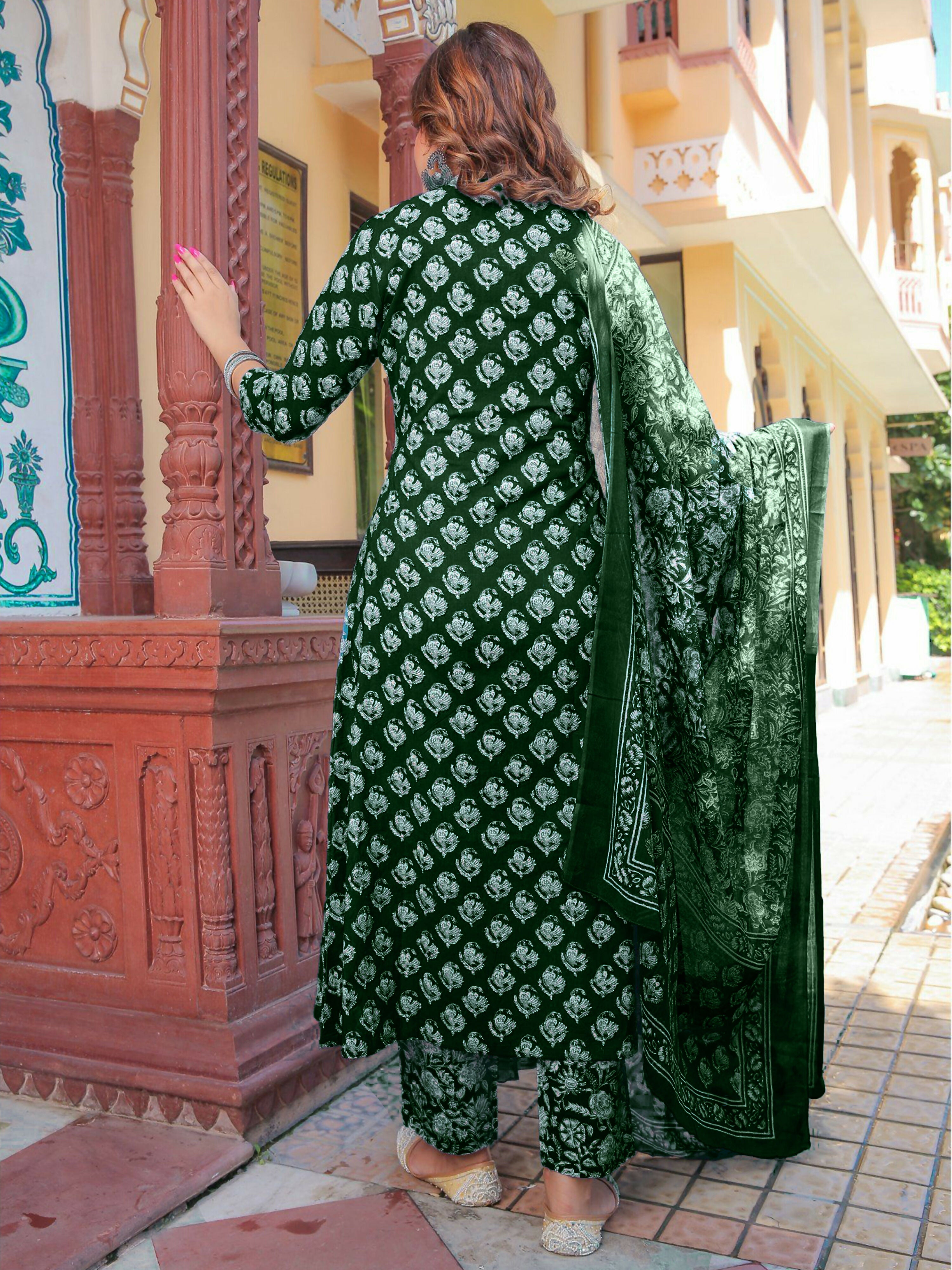 Vamika Poly Rayon Printed Bottle Green Party Wear/Casual Wear/Office Wear Kurta Set/Suit | Grocsy