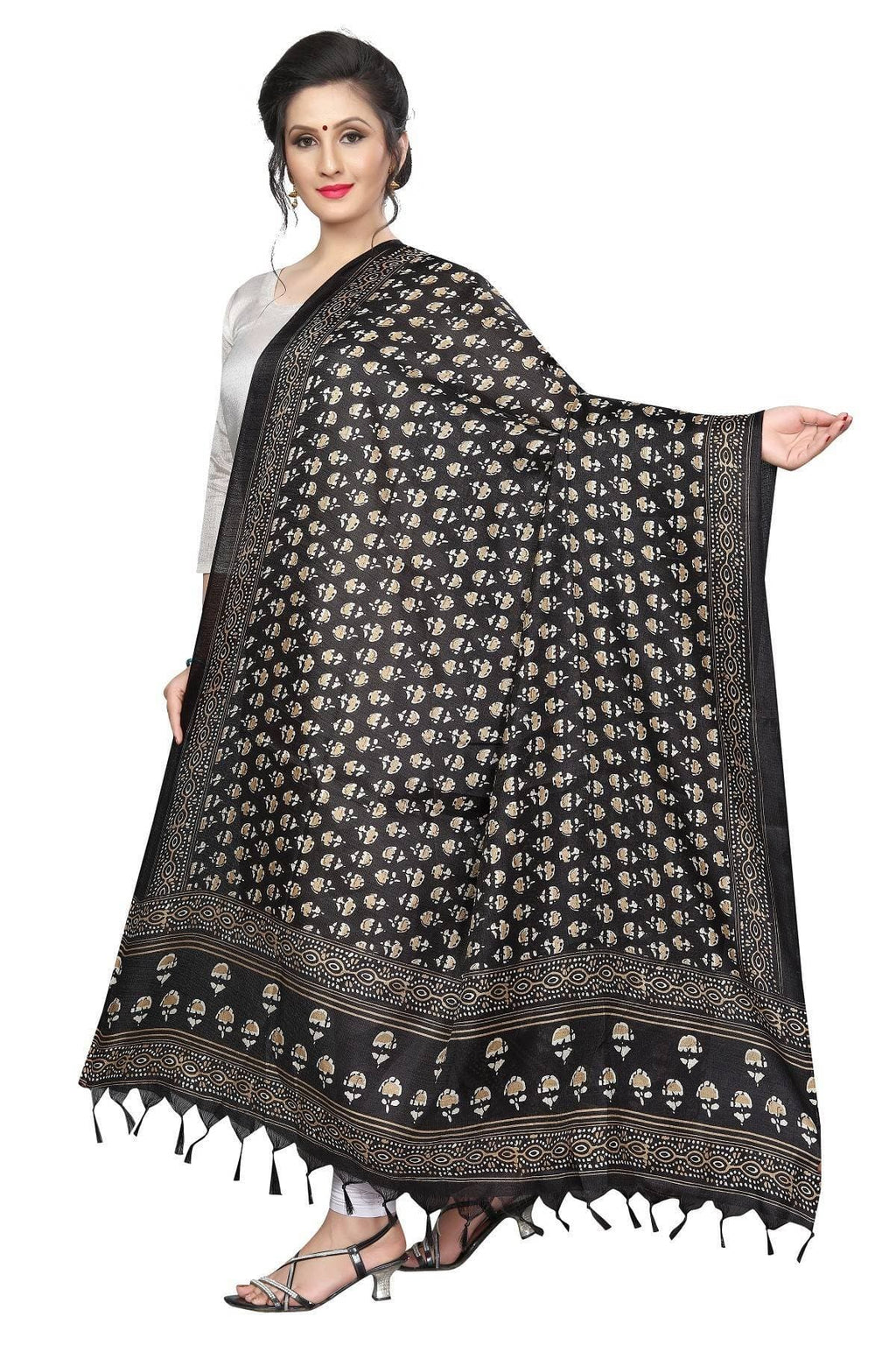 Vamika Latest Fashion Black Printed Khadi Bhagalpuri Dupatta For Girls | Grocsy