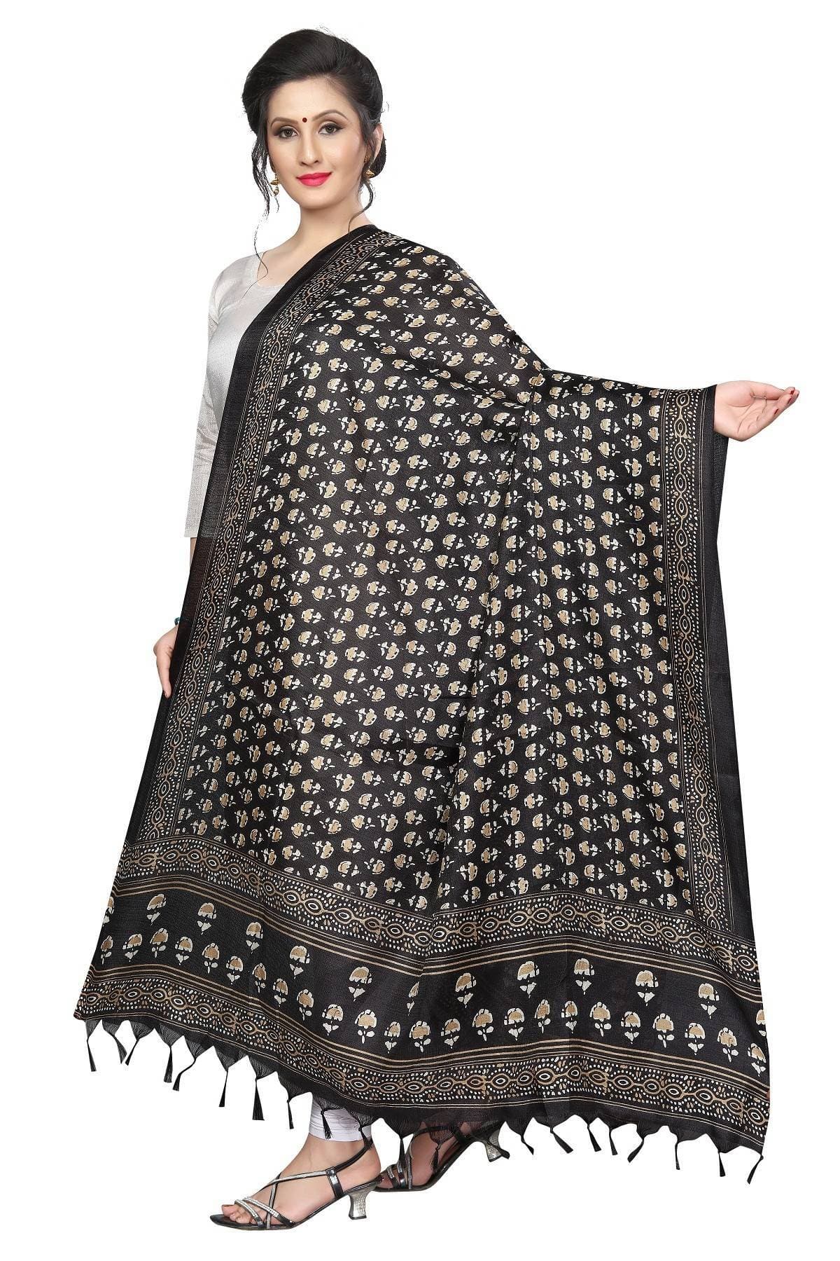 Vamika Latest Fashion Black Printed Khadi Bhagalpuri Dupatta For Girls | Grocsy