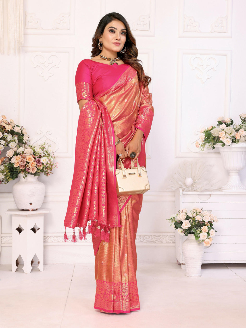 Aastha Fashion Pink Tissue Silk Weaving Saree | Grocsy