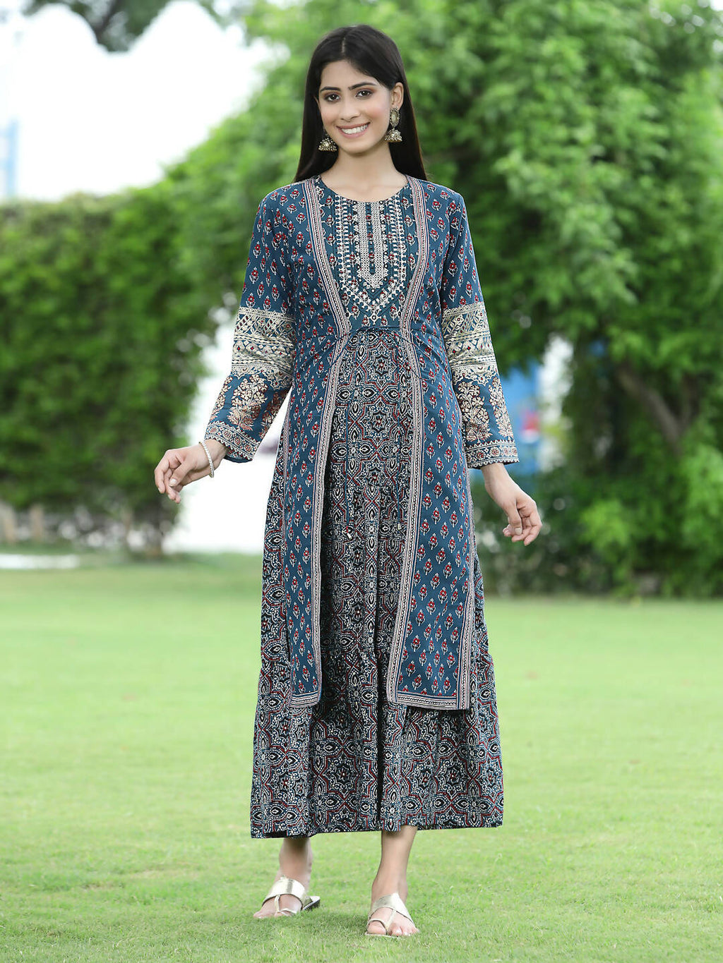 Juniper Women Teal Chanderi Festive Printed Tiered Kurta | Grocsy