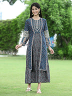 Juniper Women Teal Chanderi Festive Printed Tiered Kurta | Grocsy