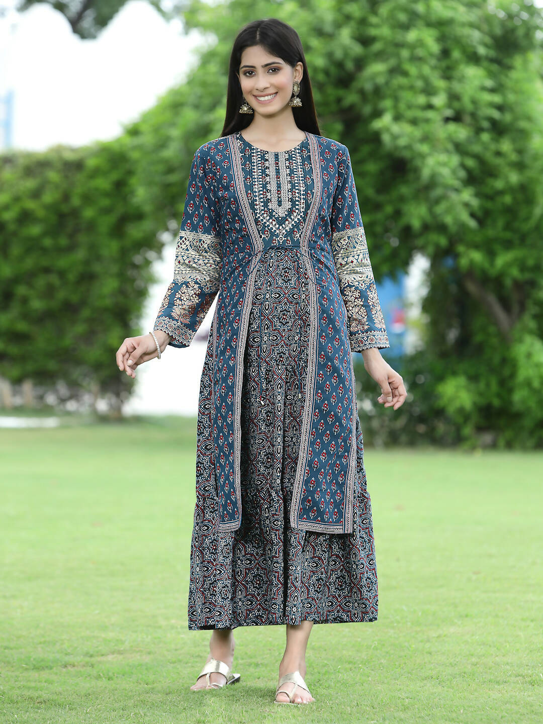 Juniper Women Teal Chanderi Festive Printed Tiered Kurta | Grocsy