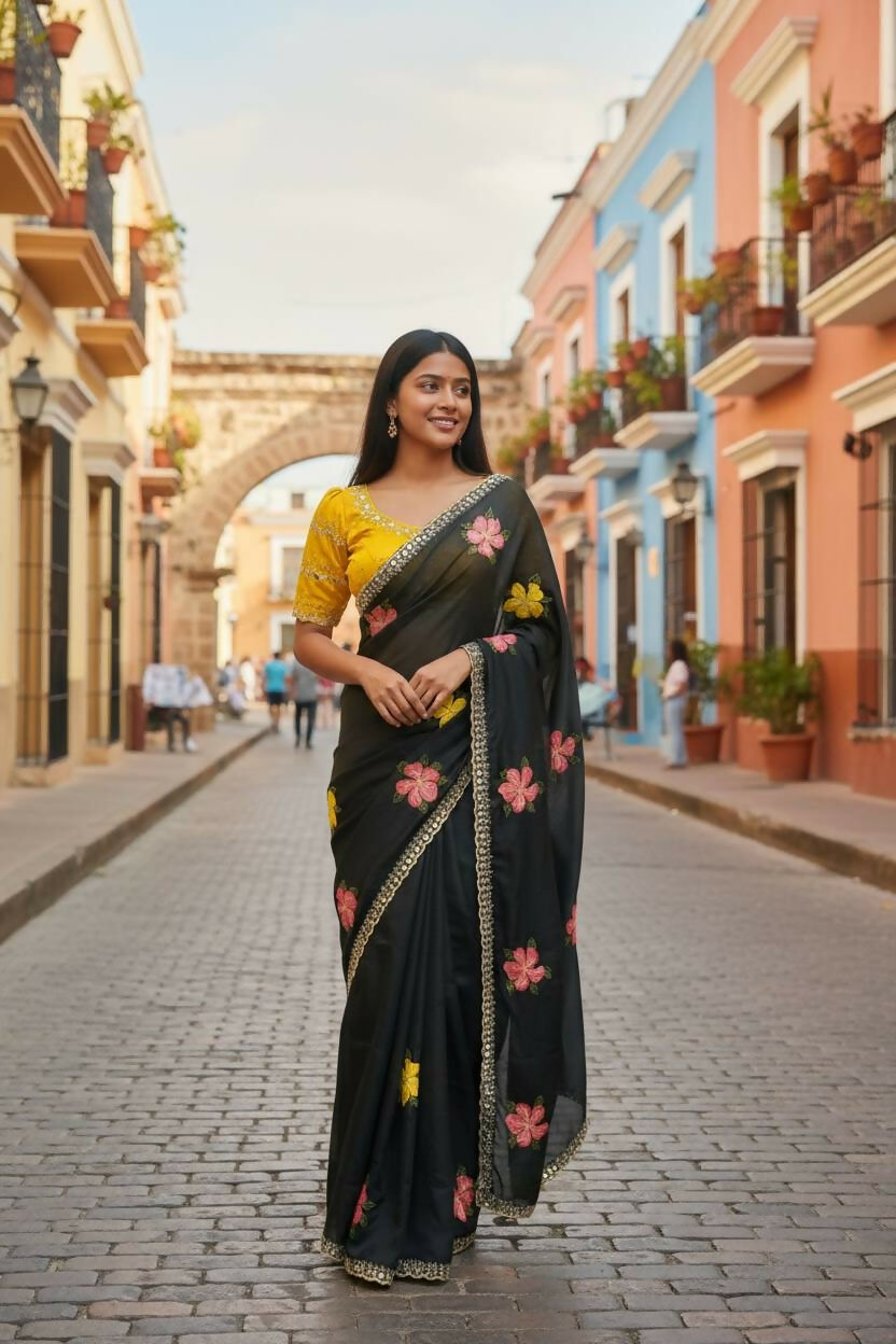 Teeya Creation Black Rangoli Silk Embroidery Work Party Wear Designer Saree | Grocsy