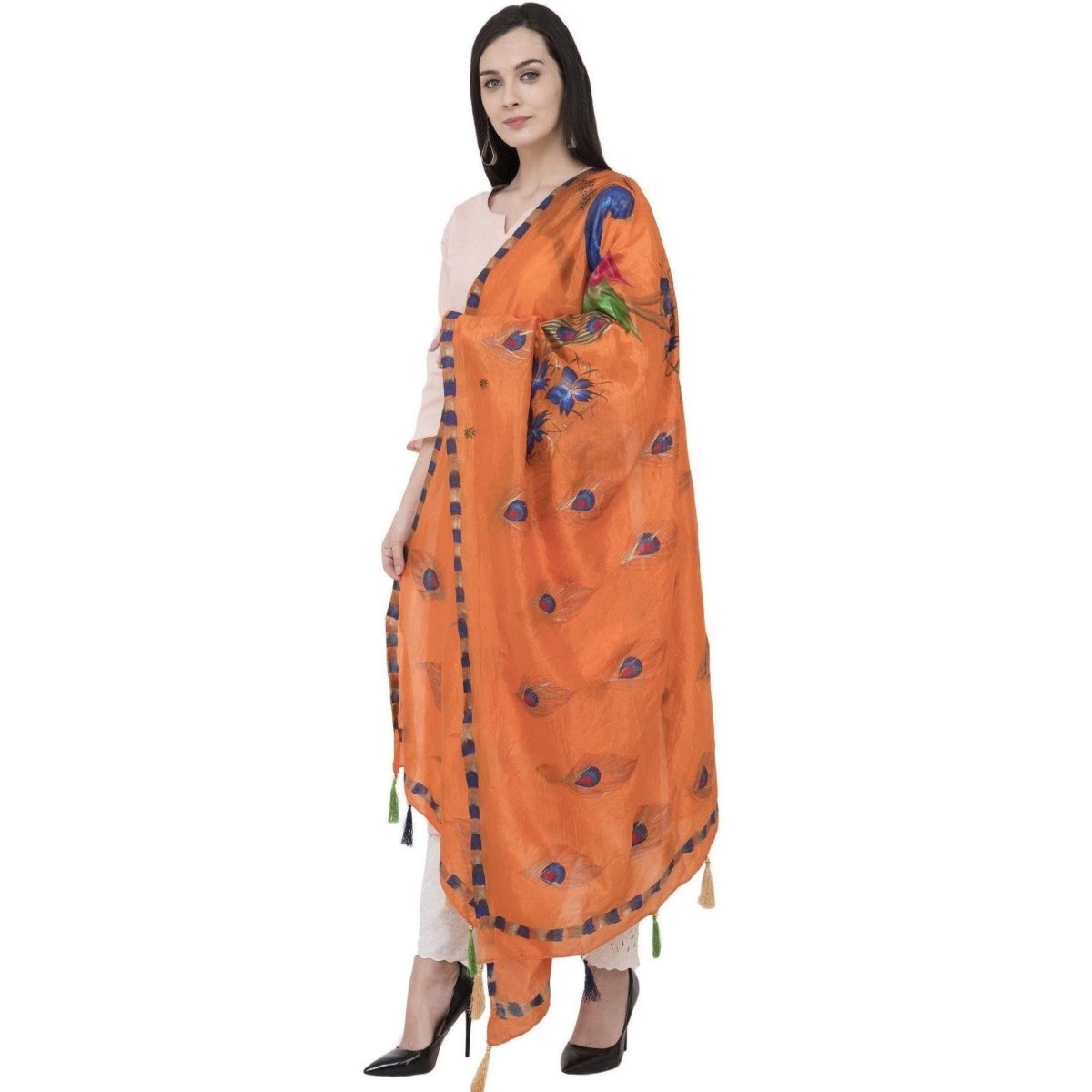 A R Silk Silk Peacock Multi Fancy Dupatta Color Orange Dupatta or Chunni | Grocsy