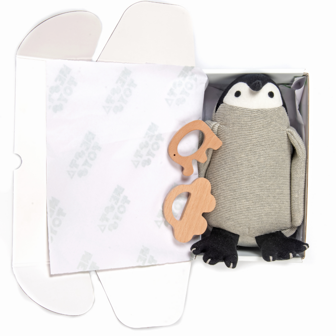 Nesta Toys Newborn Gift Set - Penguin Plush Toy, Wooden Elephant & Car Teether | Grocsy