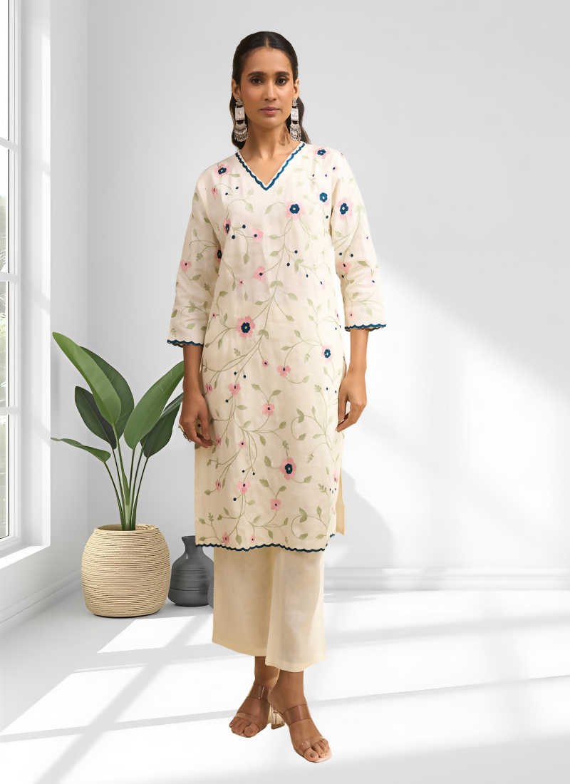 Joban Fashion Cream Linen Embroidered Readymade Long Kurta With Pant | Grocsy