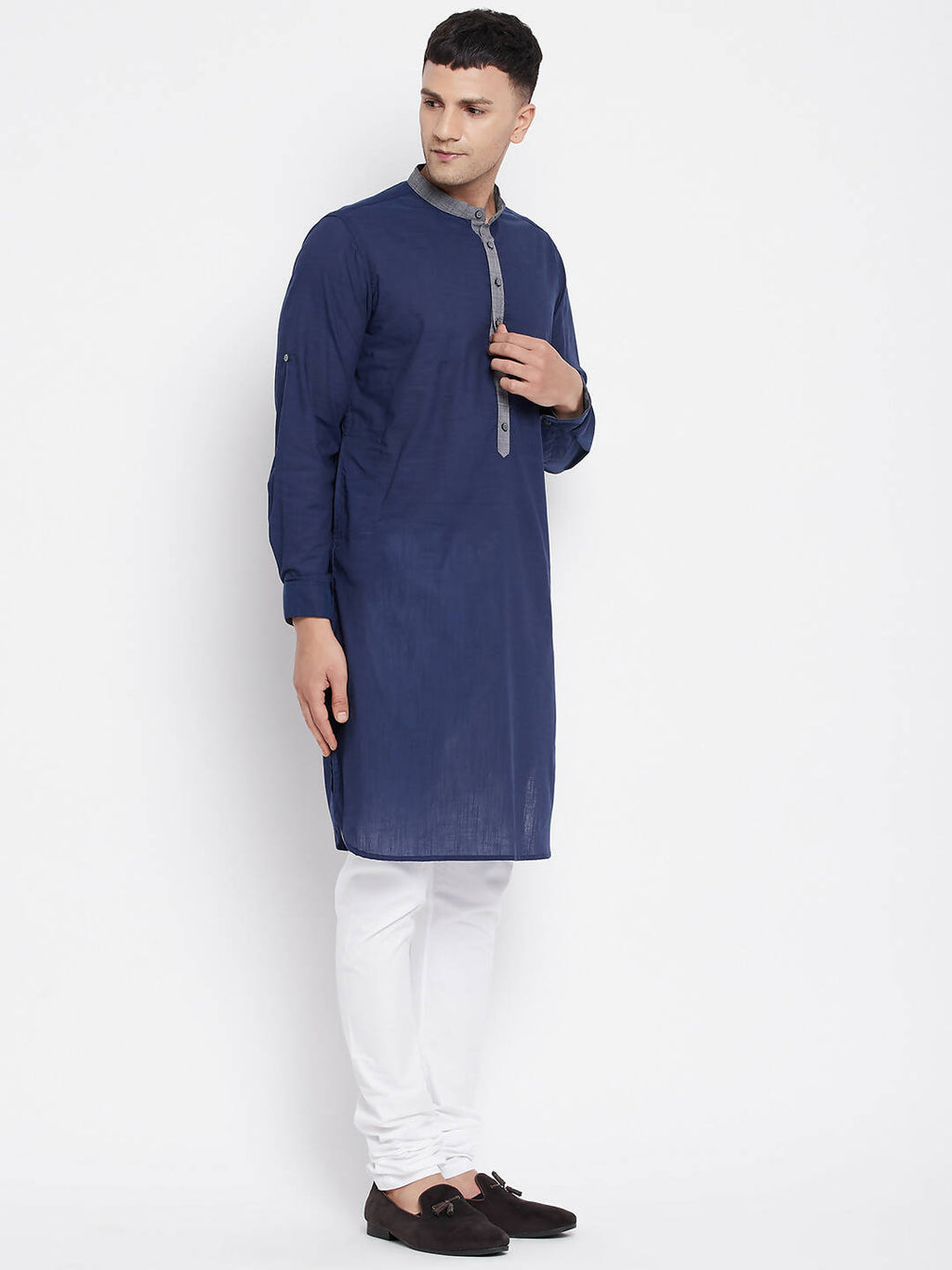 Even Apparels Blue Pure Cotton Men's Kurta With Contrast Collar And Placket | Grocsy