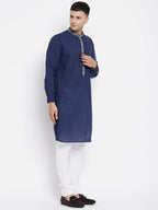 Even Apparels Blue Pure Cotton Men's Kurta With Contrast Collar And Placket | Grocsy