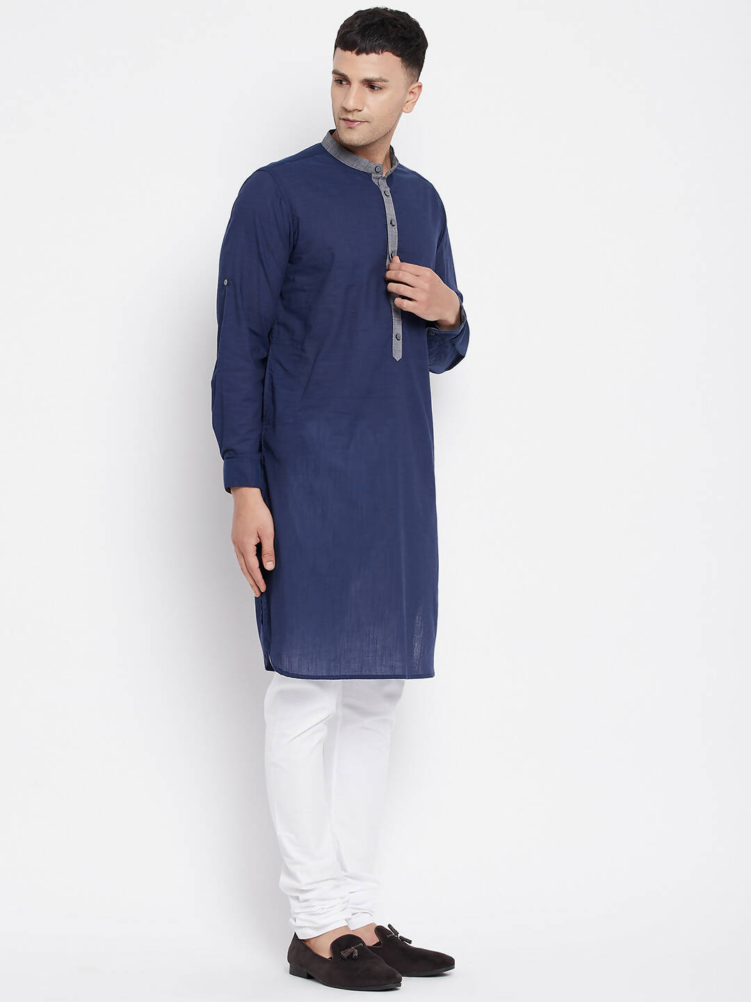 Even Apparels Blue Pure Cotton Men's Kurta With Contrast Collar And Placket | Grocsy
