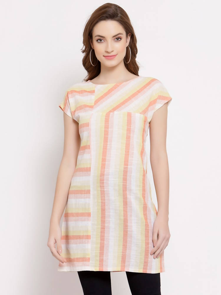Myshka Women's Yellow Cotton Short Sleeve Round Neck Printed Casual Top | Grocsy
