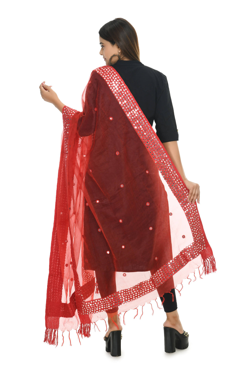 Mominos Fashion Moeza 6 Line Mirror Border Red Dupatta | Grocsy