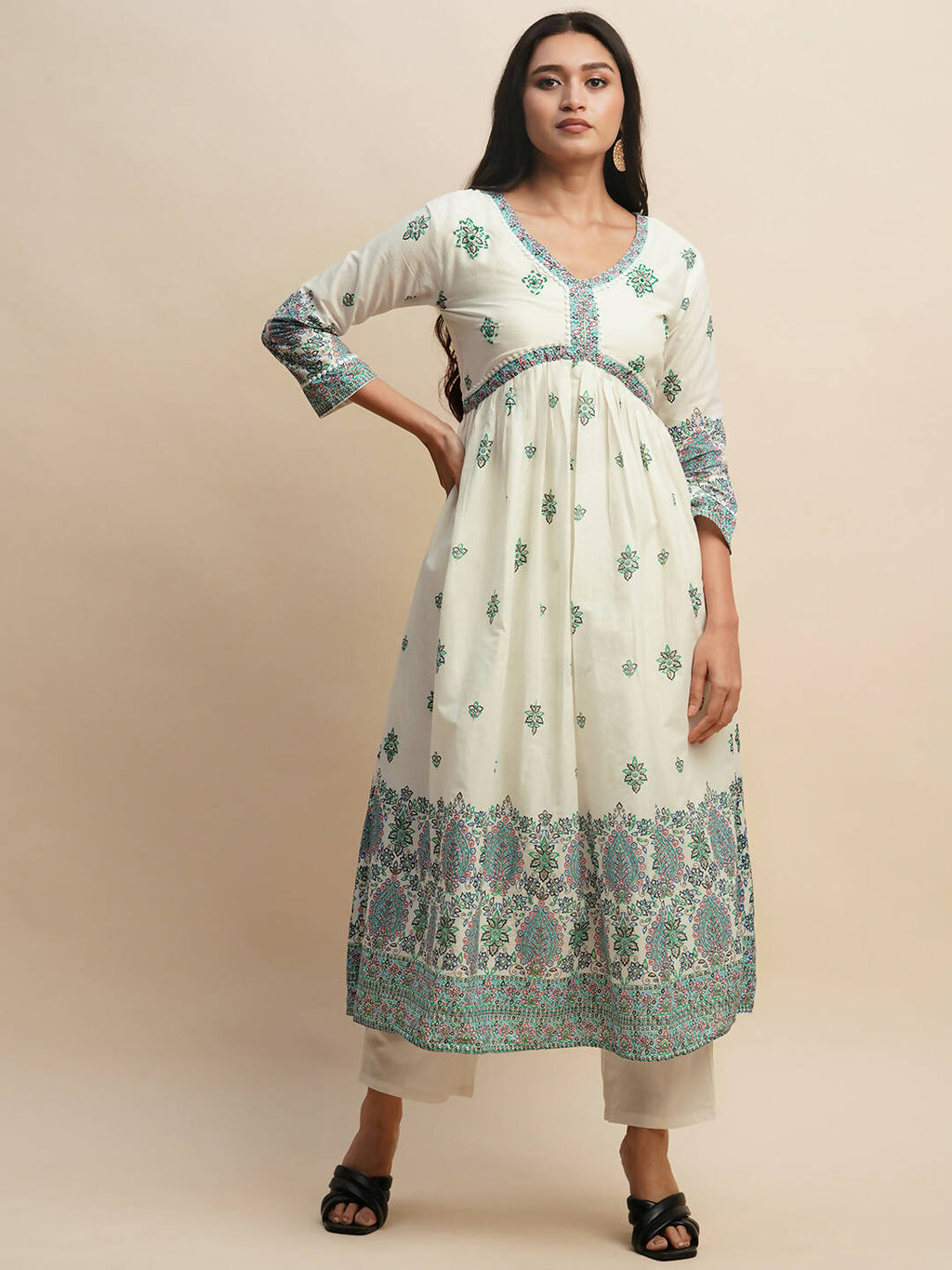 White And Blue Pure Cotton Floral Printed Anarkali Kurta And Bottom With Dupatta - Akashara | Grocsy
