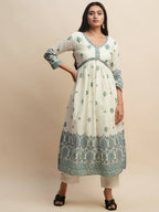 White And Blue Pure Cotton Floral Printed Anarkali Kurta And Bottom With Dupatta - Akashara | Grocsy
