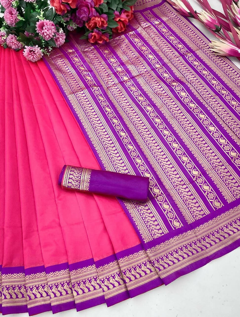 DEIANA'S Beautiful Designer Golden zari Soft Lichi Silk Saree - Pink | Grocsy
