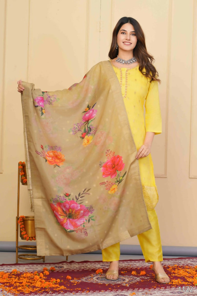 Yellow Viscose Organza Jacquard Embroidered Stitched Suit With Dupatta - Tanisha | Grocsy
