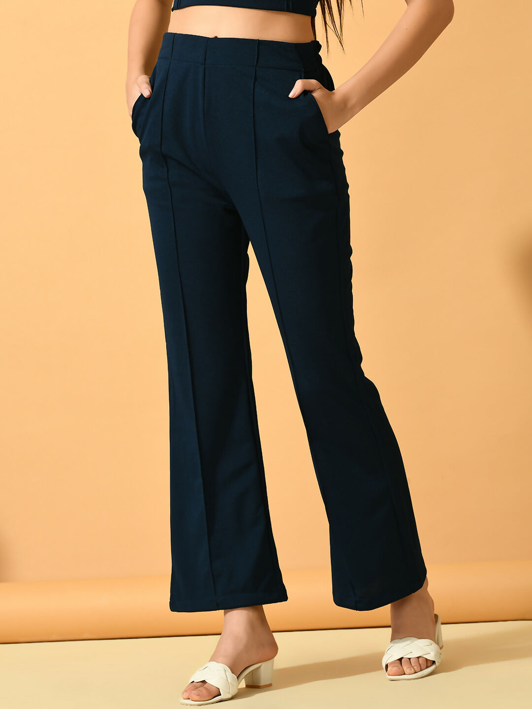 Myshka Women's Navy Blue Flared Party Trouser | Grocsy